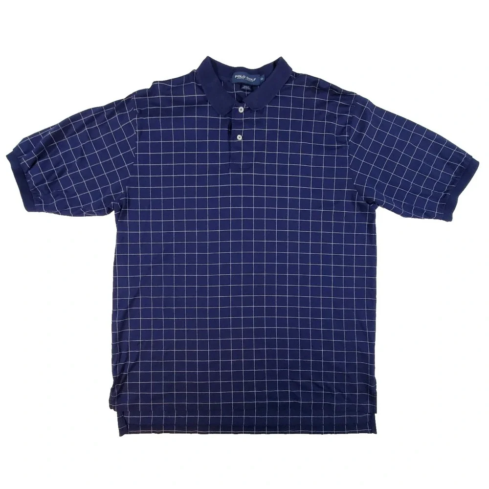 Polo Ralph Lauren Shirt Men's XL‎ Navy Blue Windowpane Plaid Check Short Sleeve